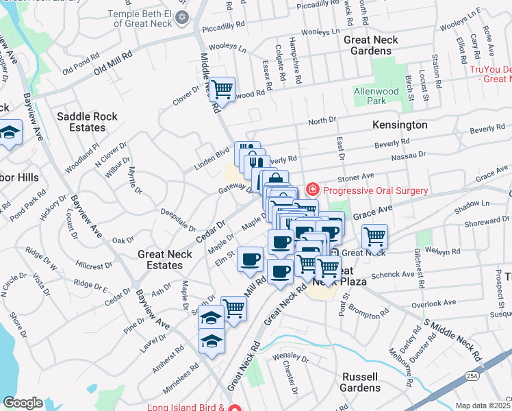 map of restaurants, bars, coffee shops, grocery stores, and more near 8 Cedar Dr in Great Neck