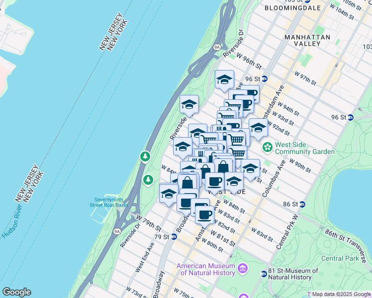 map of restaurants, bars, coffee shops, grocery stores, and more near 313 West 86th Street in New York