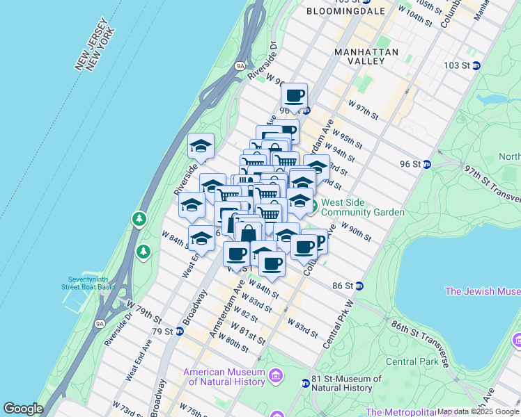 map of restaurants, bars, coffee shops, grocery stores, and more near 217 West 88th Street in New York