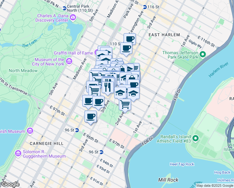 map of restaurants, bars, coffee shops, grocery stores, and more near 1875 3rd Avenue in New York