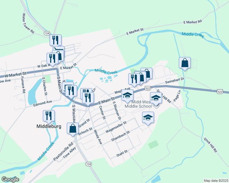 map of restaurants, bars, coffee shops, grocery stores, and more near 511 Maple Avenue in Middleburg