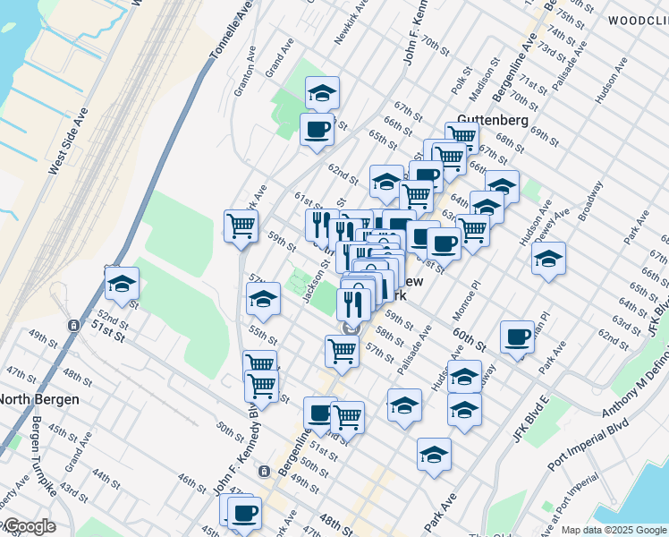 map of restaurants, bars, coffee shops, grocery stores, and more near 566 59th Street in West New York