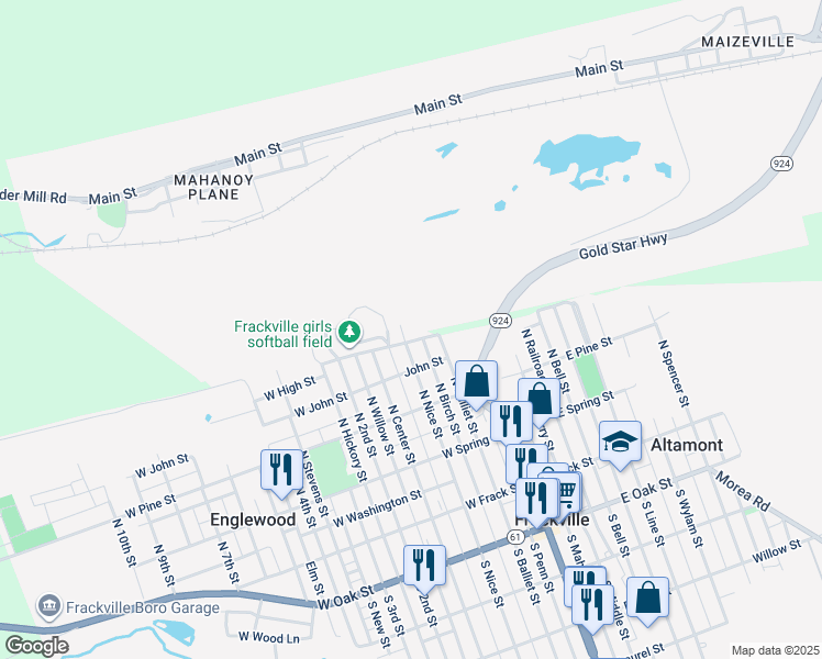 map of restaurants, bars, coffee shops, grocery stores, and more near 419 North Nice Street in Frackville
