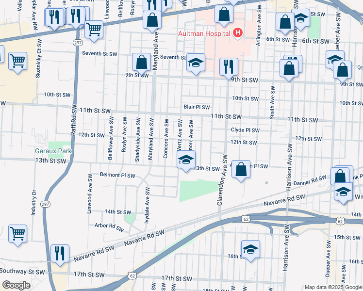 map of restaurants, bars, coffee shops, grocery stores, and more near 1212 Wertz Avenue Southwest in Canton
