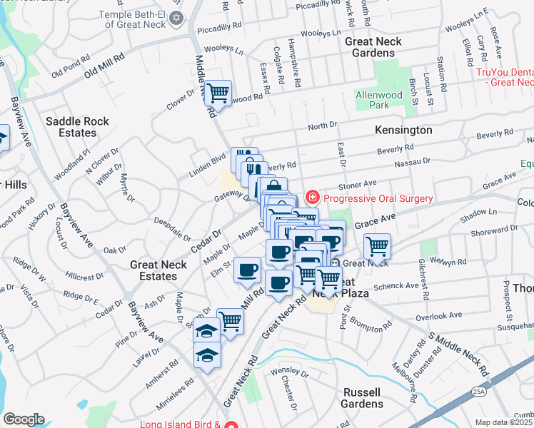 map of restaurants, bars, coffee shops, grocery stores, and more near 8 Cedar Drive in Great Neck