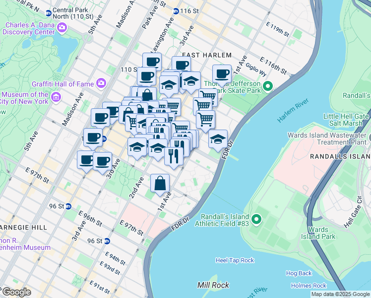 map of restaurants, bars, coffee shops, grocery stores, and more near 347 East 105th Street in New York