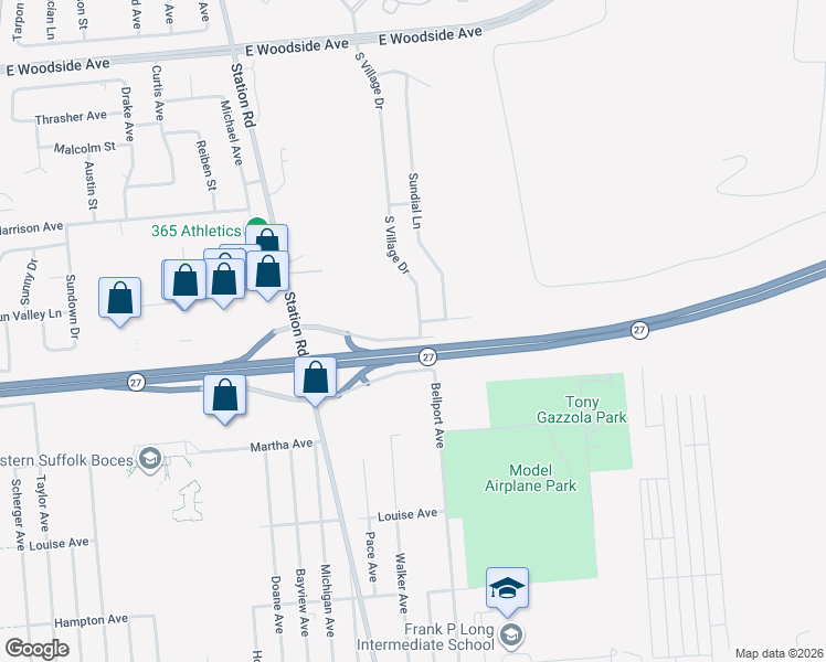 map of restaurants, bars, coffee shops, grocery stores, and more near 72 South Village Drive in Bellport