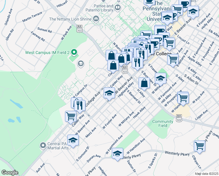 map of restaurants, bars, coffee shops, grocery stores, and more near W Calder Way & S Gill St in State College
