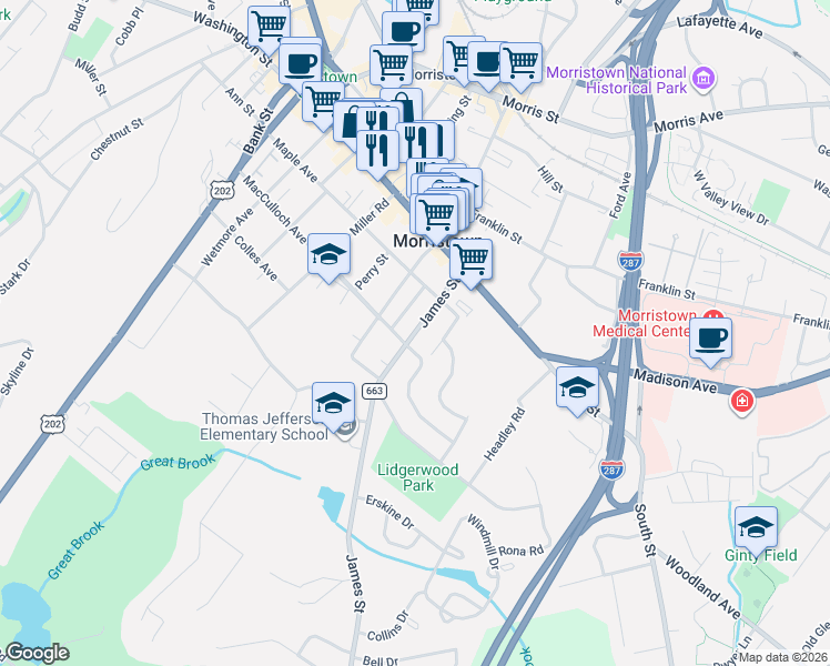map of restaurants, bars, coffee shops, grocery stores, and more near 16 Crestwood Road in Morristown