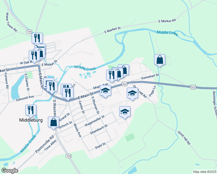 map of restaurants, bars, coffee shops, grocery stores, and more near 553 East Main Street in Middleburg
