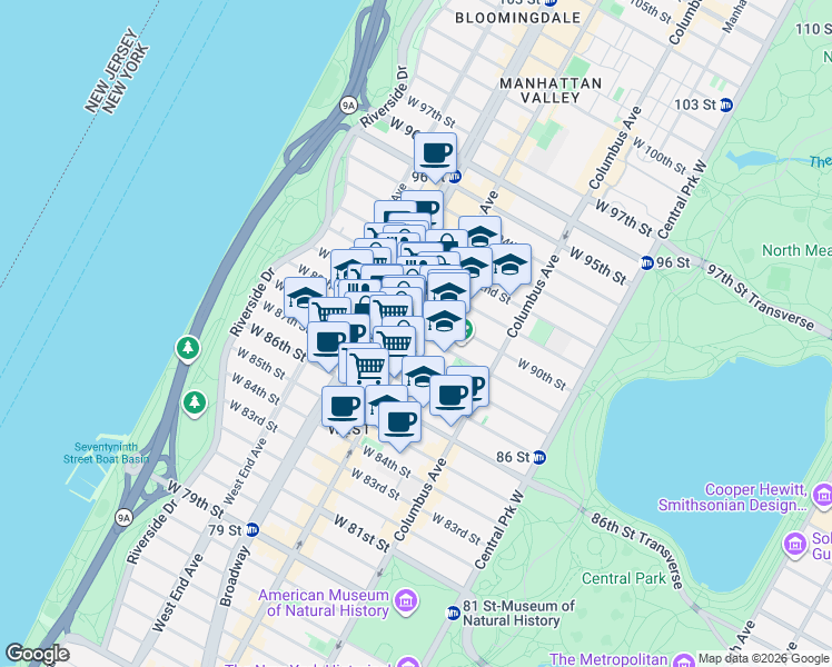 map of restaurants, bars, coffee shops, grocery stores, and more near West 89th Street in New York