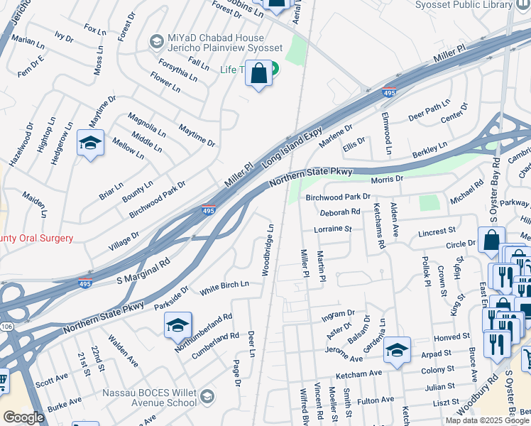 map of restaurants, bars, coffee shops, grocery stores, and more near 312 Woodbridge Lane in Jericho