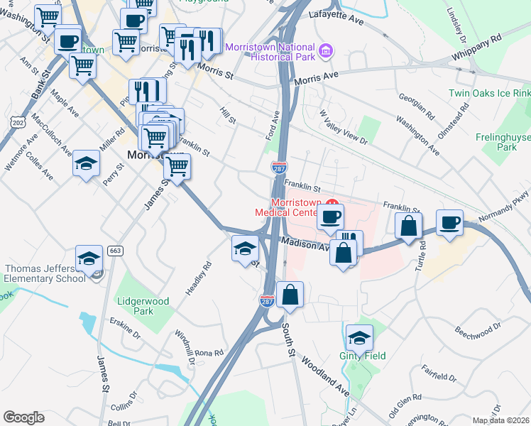 map of restaurants, bars, coffee shops, grocery stores, and more near 14 Revere Road in Morristown