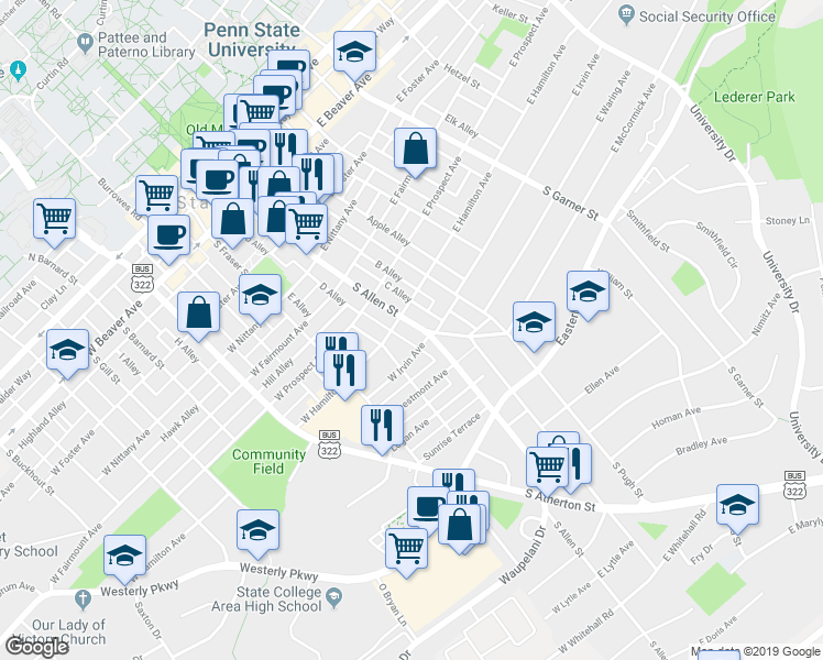 map of restaurants, bars, coffee shops, grocery stores, and more near 716 South Allen Street in State College