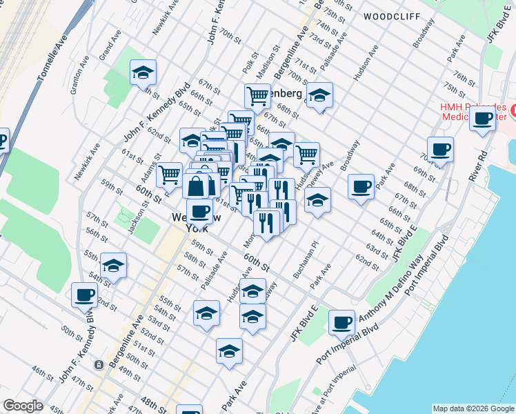 map of restaurants, bars, coffee shops, grocery stores, and more near 6107A Palisade Avenue in West New York