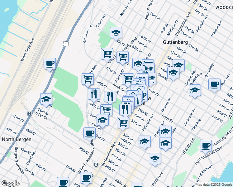 map of restaurants, bars, coffee shops, grocery stores, and more near 580 59th Street in West New York