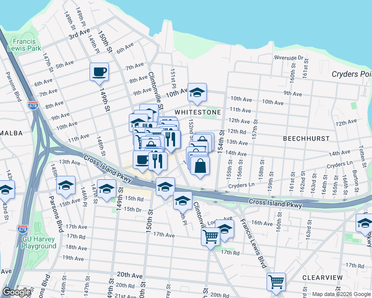 map of restaurants, bars, coffee shops, grocery stores, and more near 151-26 14th Avenue in Queens