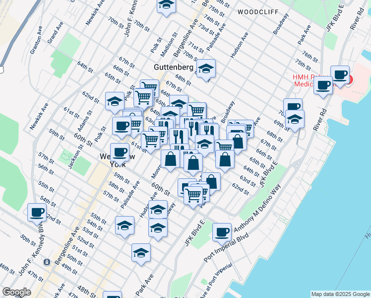 map of restaurants, bars, coffee shops, grocery stores, and more near 6200 Hudson Avenue in West New York