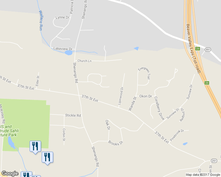 map of restaurants, bars, coffee shops, grocery stores, and more near 116 Windcrest Court in Beaver Falls