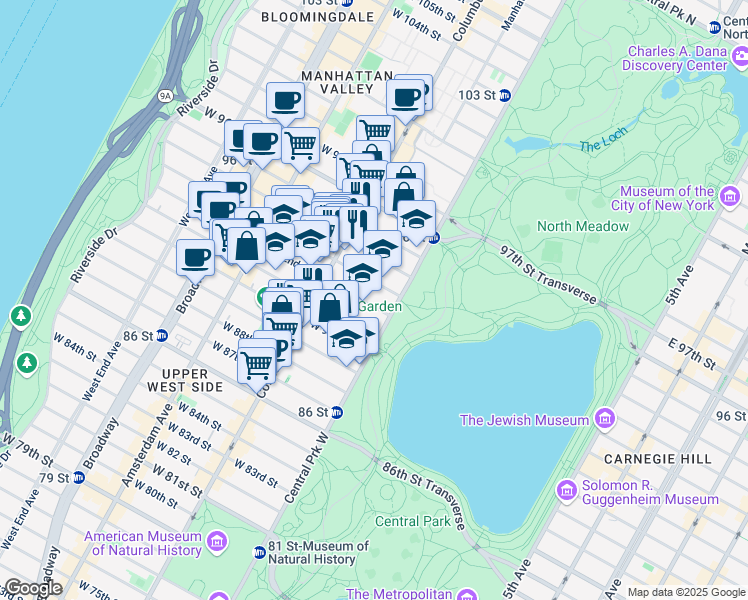map of restaurants, bars, coffee shops, grocery stores, and more near 32 West 92nd Street in New York