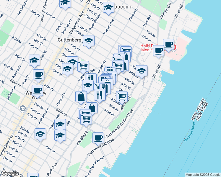 map of restaurants, bars, coffee shops, grocery stores, and more near 6509 Park Avenue in West New York