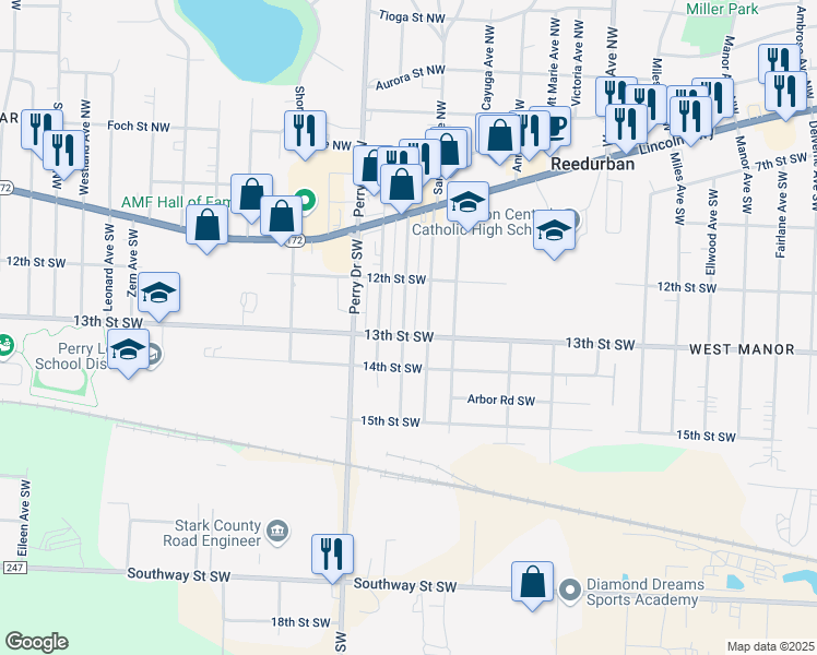 map of restaurants, bars, coffee shops, grocery stores, and more near 1248 Brooklyn Avenue Southwest in Canton
