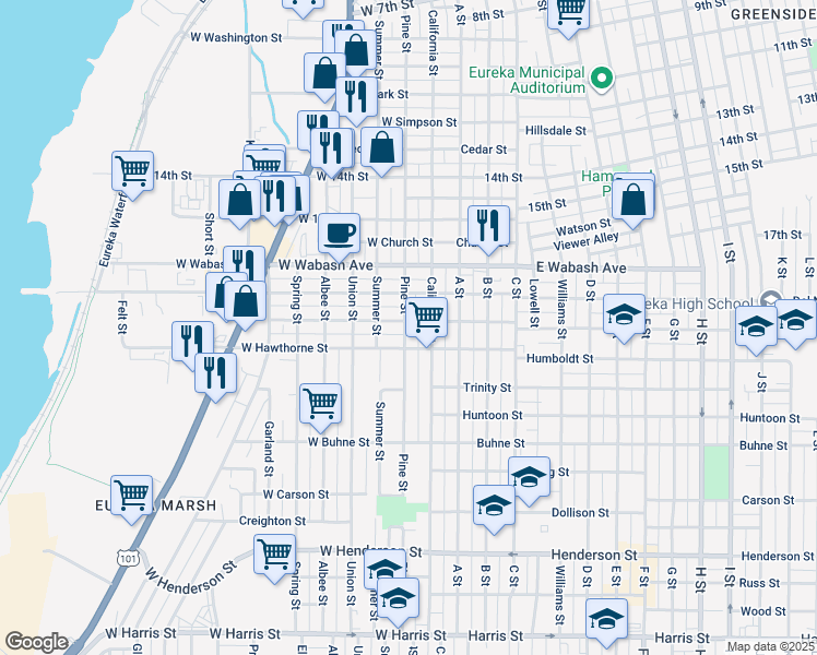 map of restaurants, bars, coffee shops, grocery stores, and more near 135 West Sonoma Street in Eureka