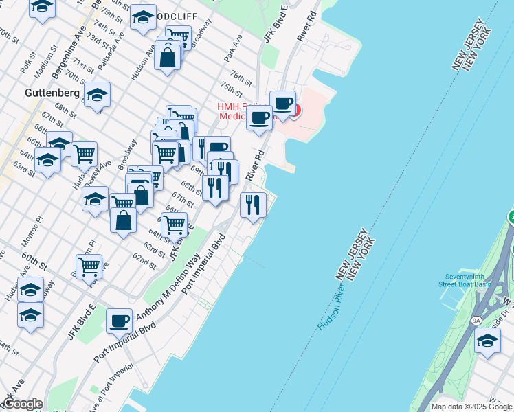 map of restaurants, bars, coffee shops, grocery stores, and more near 31 Lydia Drive in Guttenberg
