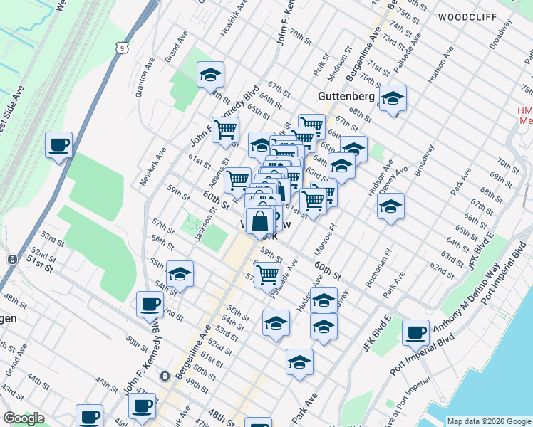 map of restaurants, bars, coffee shops, grocery stores, and more near in West New York