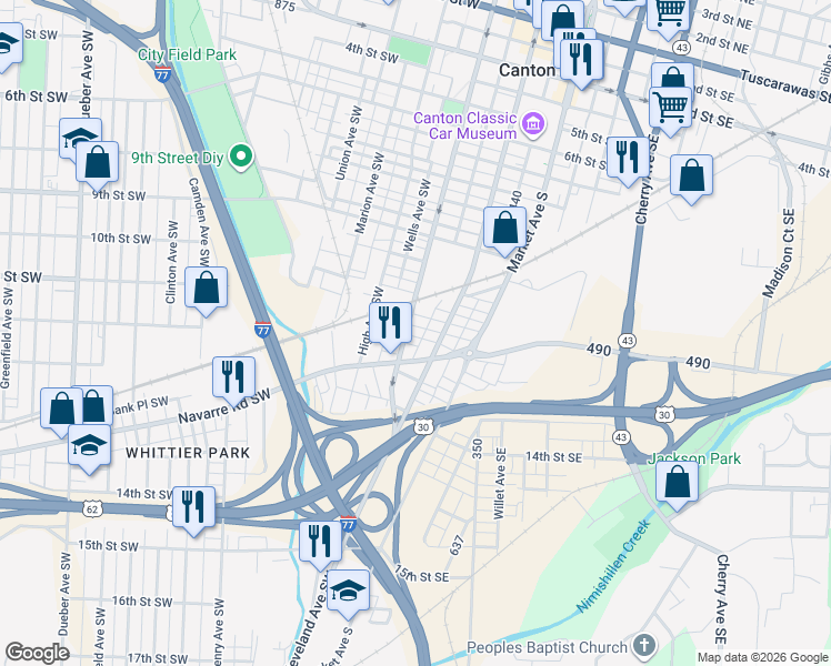 map of restaurants, bars, coffee shops, grocery stores, and more near 1128 Mckinley Avenue Southwest in Canton