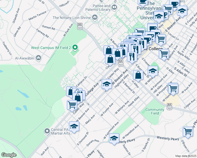 map of restaurants, bars, coffee shops, grocery stores, and more near 623 West College Avenue in State College