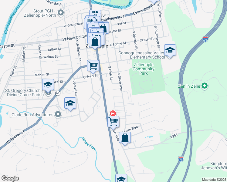 map of restaurants, bars, coffee shops, grocery stores, and more near 509 South Oliver Avenue in Zelienople