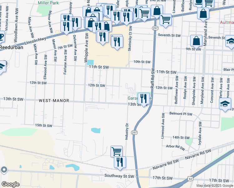 map of restaurants, bars, coffee shops, grocery stores, and more near 1227 Poplar Avenue Southwest in Canton