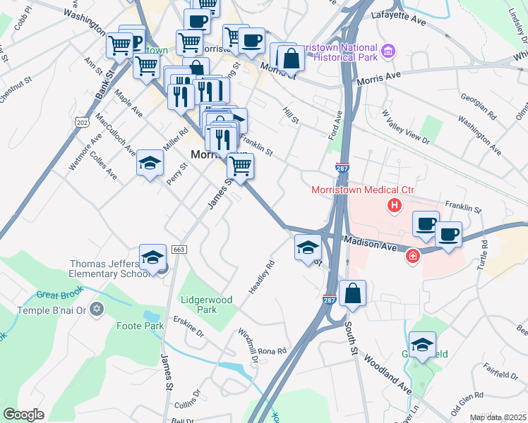map of restaurants, bars, coffee shops, grocery stores, and more near 211 South Street in Morristown