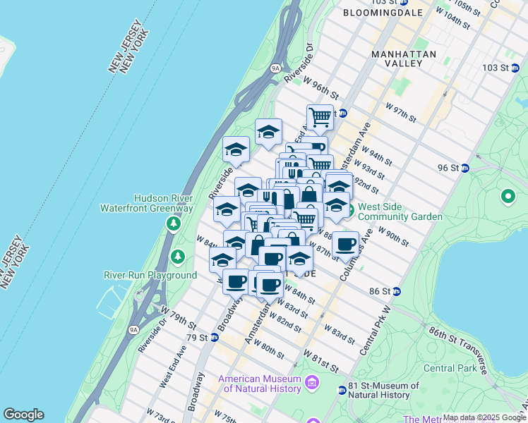 map of restaurants, bars, coffee shops, grocery stores, and more near 562 West End Avenue in New York