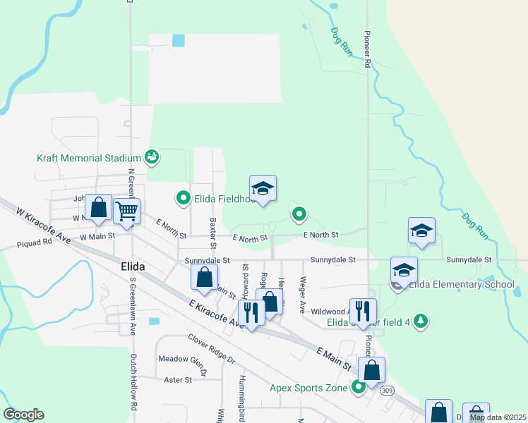 map of restaurants, bars, coffee shops, grocery stores, and more near 401 East North Street in Lima