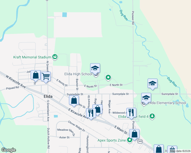 map of restaurants, bars, coffee shops, grocery stores, and more near 401 East North Street in Lima
