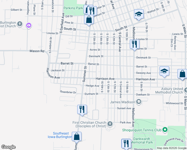 map of restaurants, bars, coffee shops, grocery stores, and more near 1823 South 15th Street in Burlington