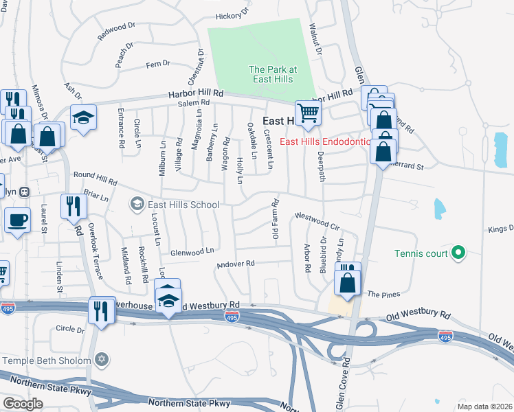 map of restaurants, bars, coffee shops, grocery stores, and more near 21 Spring Hill Road in Roslyn Heights