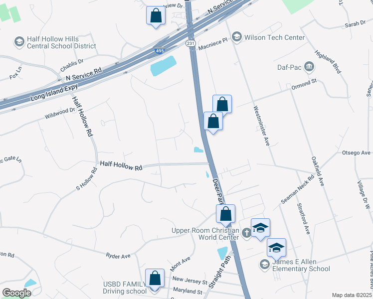 map of restaurants, bars, coffee shops, grocery stores, and more near 3 Vanderbilt Court in Dix Hills