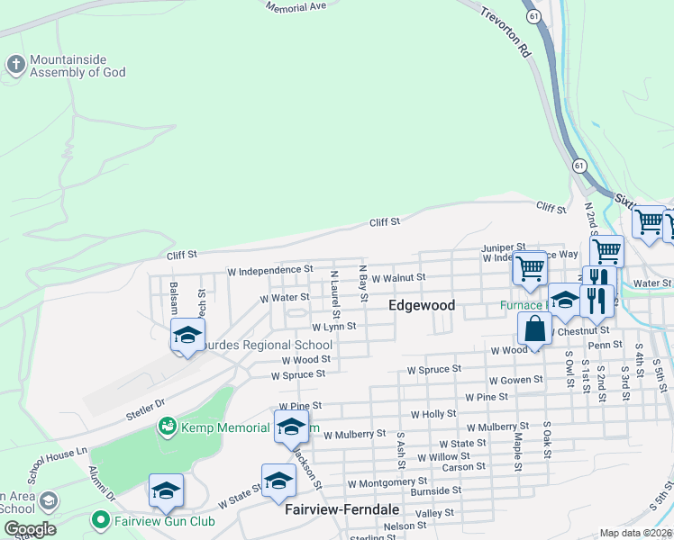 map of restaurants, bars, coffee shops, grocery stores, and more near North Laurel Street in Edgewood