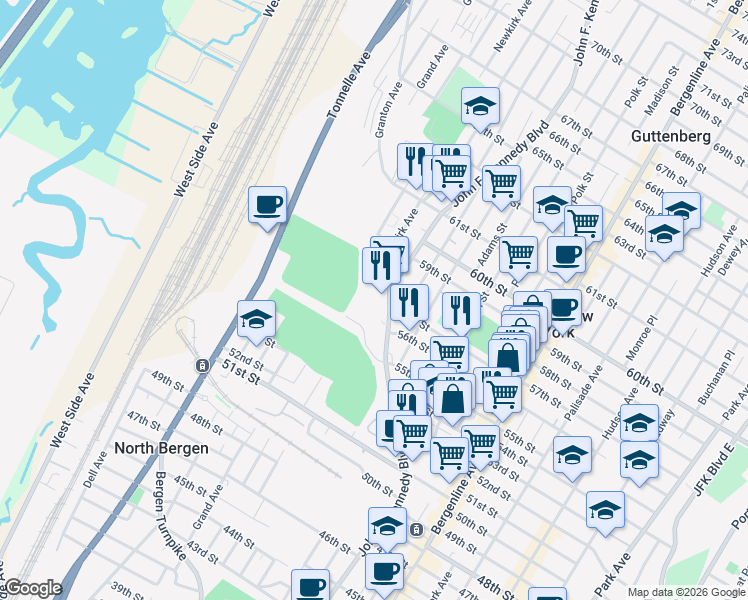 map of restaurants, bars, coffee shops, grocery stores, and more near in Hudson County