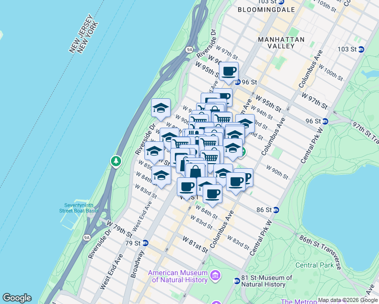 map of restaurants, bars, coffee shops, grocery stores, and more near 254 West 88th Street in New York