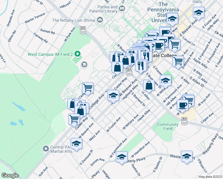 map of restaurants, bars, coffee shops, grocery stores, and more near 600 West College Avenue in State College