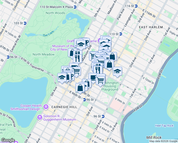 map of restaurants, bars, coffee shops, grocery stores, and more near Park Avenue & East 101st Street in New York