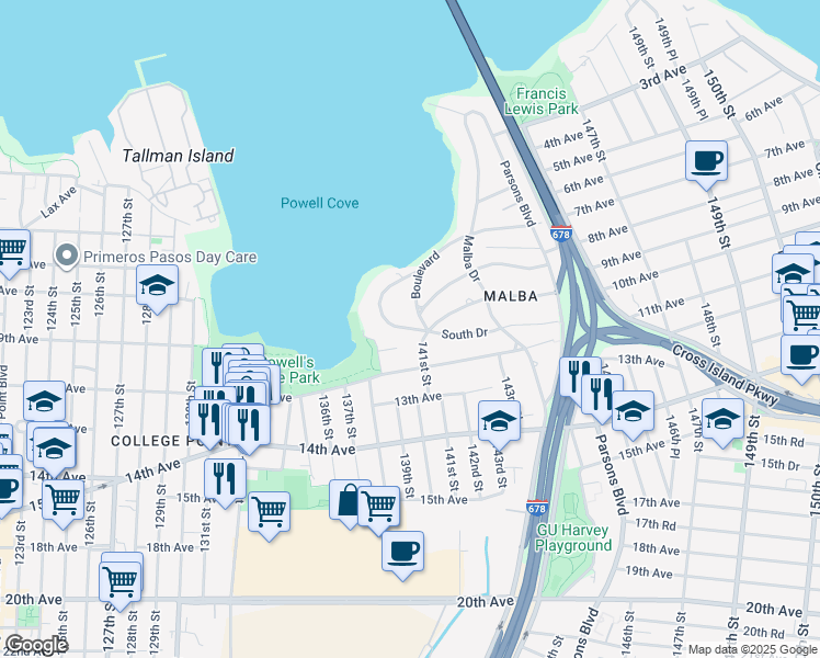 map of restaurants, bars, coffee shops, grocery stores, and more near 750 Point Crescent in Queens