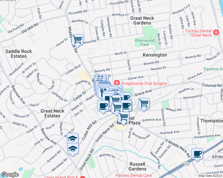 map of restaurants, bars, coffee shops, grocery stores, and more near 4 Maple Drive in Great Neck