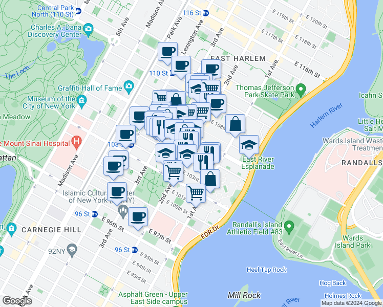 map of restaurants, bars, coffee shops, grocery stores, and more near 308 East 105th Street in New York