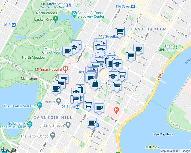 map of restaurants, bars, coffee shops, grocery stores, and more near in New York