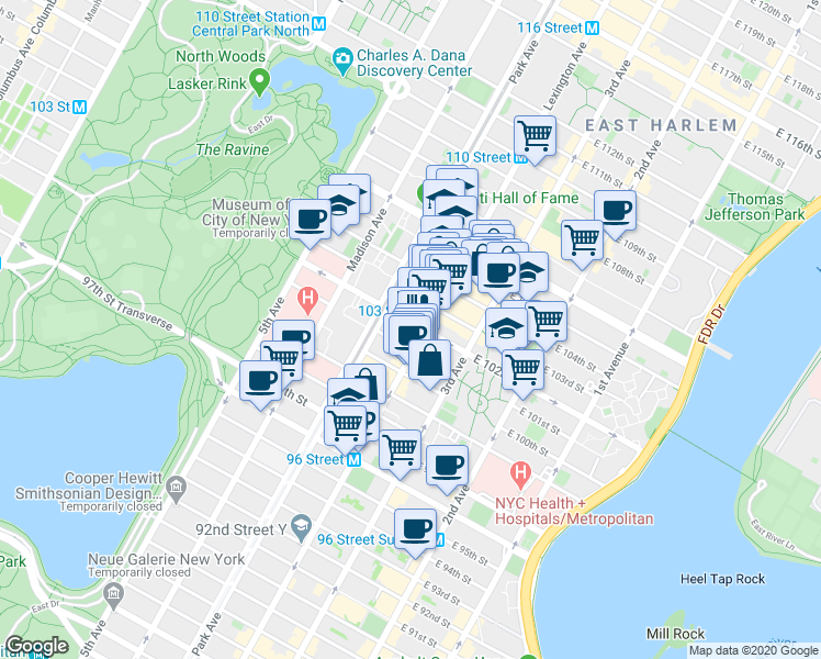 map of restaurants, bars, coffee shops, grocery stores, and more near in New York